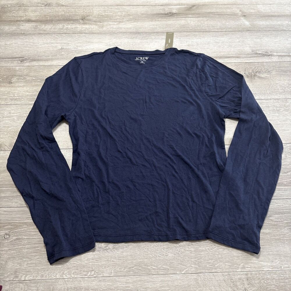 NWT J. CREW Tissue Crepe Navy Long Sleeve Boat Neck T Shirt Women's Size XL